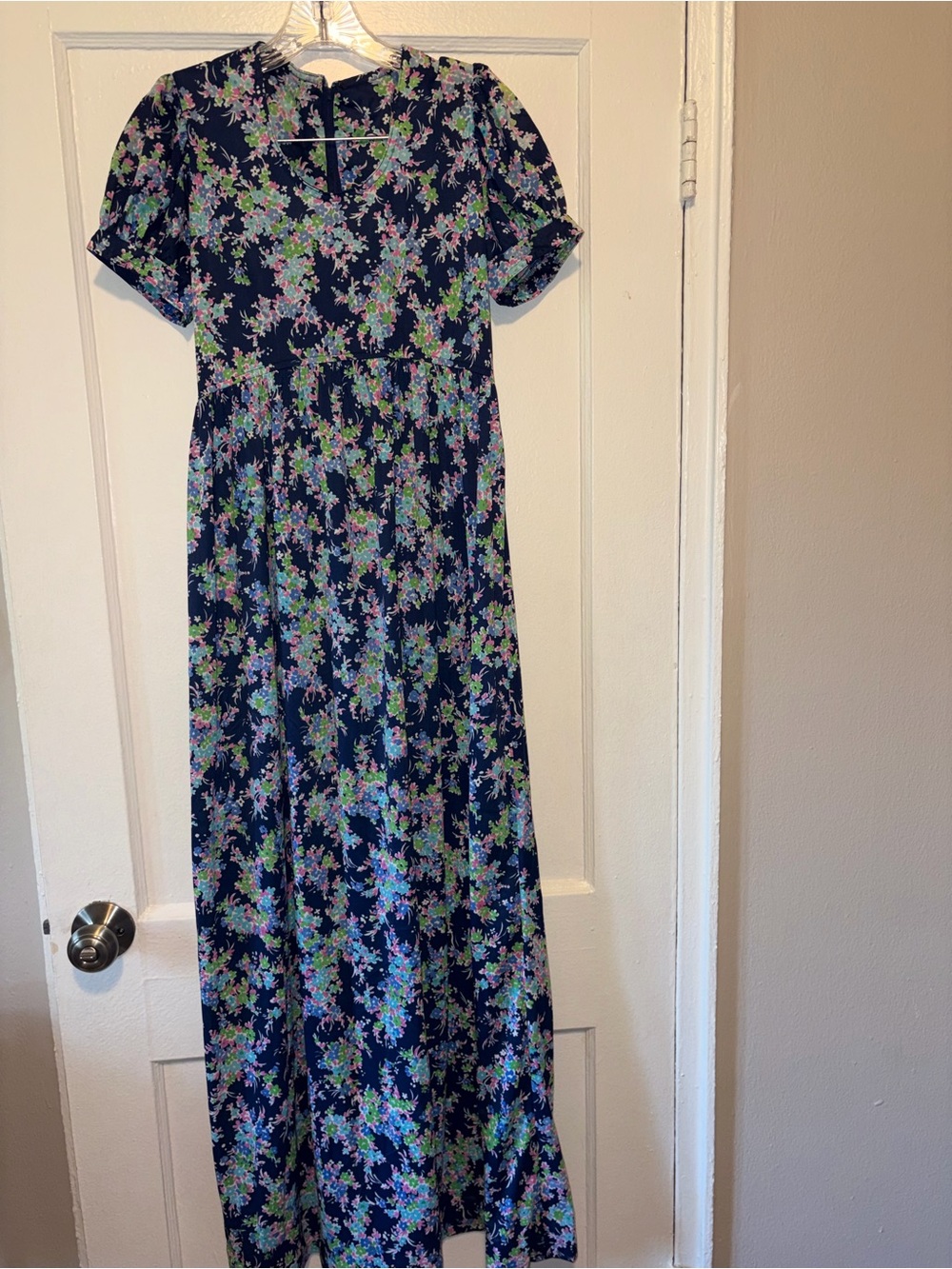 Vintage 70s Sears Jr Bazaar Floral MCM Retro Dress Maxi Short Sleeve 9 Small